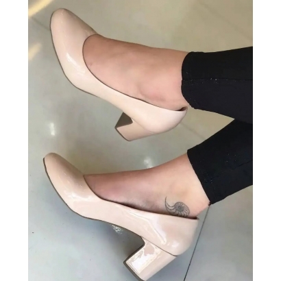 Sapato Scarpin Salto Bloco Bico Redondo Nude