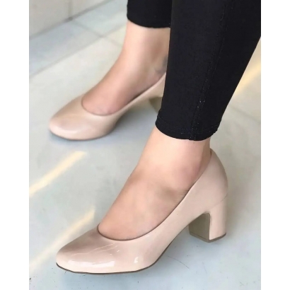 Sapato Scarpin Salto Bloco Bico Redondo Nude