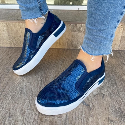 Tênis Slip On Paetês Azul Marinho