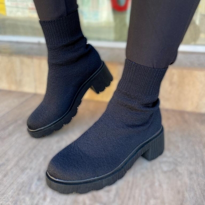 Bota Coturno Tratorado Knit Preto