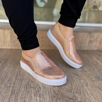 Tênis Slip On Paetês Nude Rosê Gold